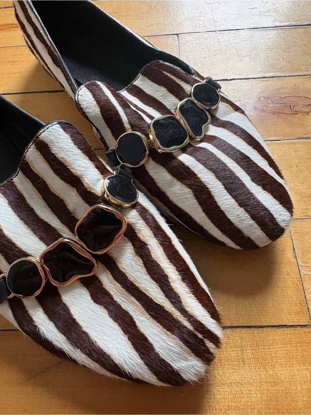 What For Sz 5.5 (36) Zebra Pony Hair Bedazzle Loafers - Picture 3 of 9